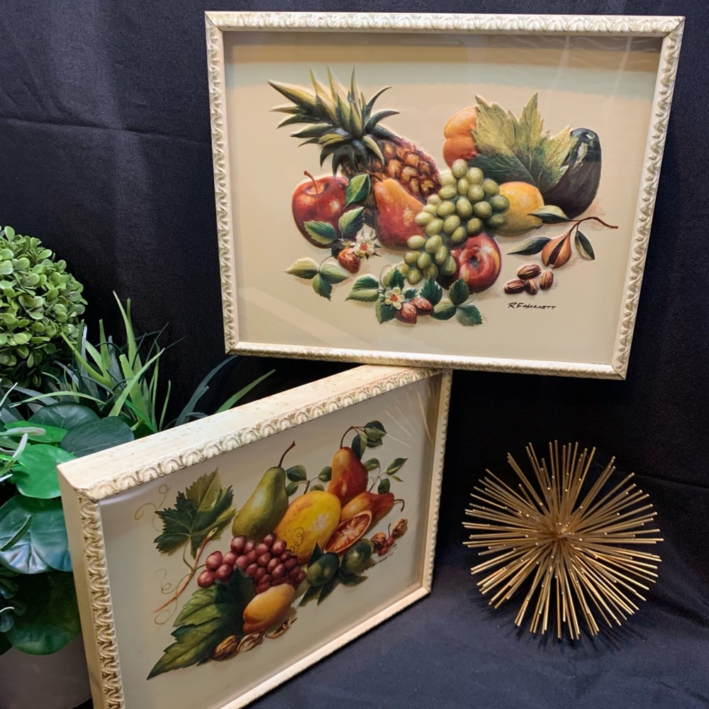 Set of 2 Vintage RF Harnett Raised Relief Framed Fruit Art pictures / plaques
